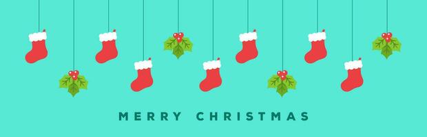 Merry Christmas Border Banner, Hanging Santa Stocking and Mistletoe Garland. Winter Holiday Season Header Decoration. Web Banner Template. Vector illustration.