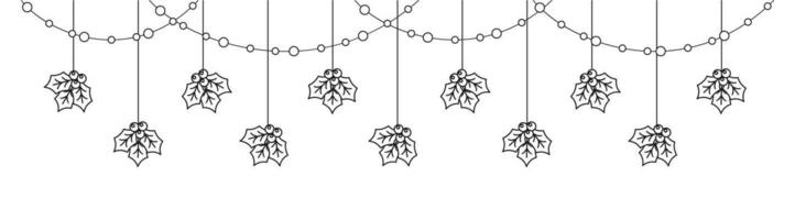 Merry Christmas Border Banner, Hanging Mistletoe Garland. Winter Holiday Season Header Decoration. Vector illustration.