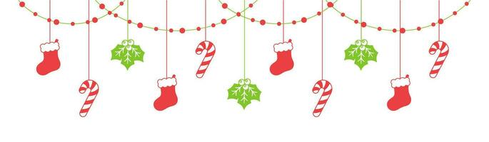 Merry Christmas Border Banner, Hanging Stocking, Mistletoe and Candy Cane Garland. Winter Holiday Season Header Decoration. Web Banner Template. Vector illustration.