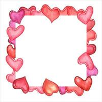 Square frame of pink hearts. Transparent hearts of various shapes. Watercolor illustration with romantic symbol. Copy space for text. For Valentine day, birthday, mother day cards. vector