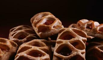 soplo Pastelería Pastelería con arándano rojo mermelada en un oscuro rojo antecedentes. galletas con arándano rojo mermelada. foto