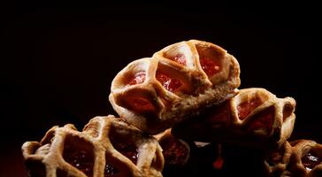 Puff pastry pastry with lingonberry jam on a dark red background. Cookies with lingonberry jam. photo