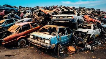 Generative AI, Car dump with a lot of broken used cars photo