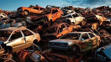 Generative AI, Car dump with a lot of broken used cars photo