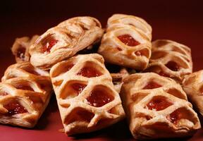 Puff pastry pastry with lingonberry jam on a dark red background. Cookies with lingonberry jam. photo