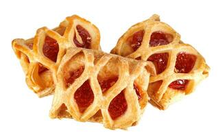 Puff pastry pastry with lingonberry jam isolated on a white background. Cookies with lingonberry jam. photo