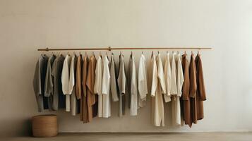 Generative AI, Cloth store aesthetic background, photo of clothes hanging on hangers, muted neutral colors