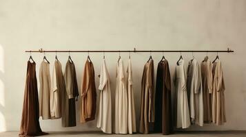 Generative AI, Cloth store aesthetic background, photo of clothes hanging on hangers, muted neutral colors