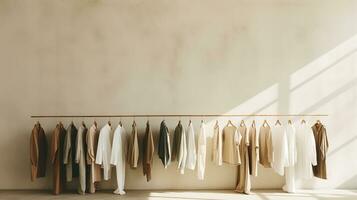 Generative AI, Cloth store aesthetic background, photo of clothes hanging on hangers, muted neutral colors