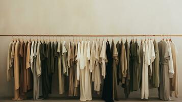 Generative AI, Cloth store aesthetic background, photo of clothes hanging on hangers, muted neutral colors