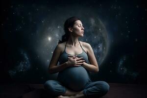 embarazada mujer sentado en yoga actitud con estrellado noche fondo, sano estilo de vida, salud cuidado maternidad. generativo ai. foto