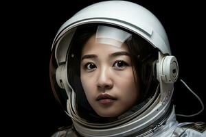 Chinese woman astronaut portrait in astronaut helmet. Generative AI. photo
