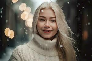 All-white winter portrait of blonde young woman in sweater on snowy street. Generative AI. photo