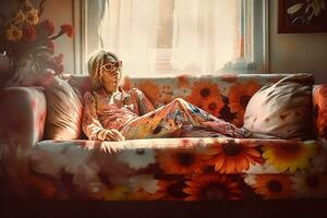 Person wearing a floral pattern suit relaxing on a floral couch, fashion art concept. Generative AI. photo