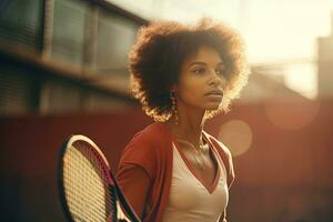 hermosa africano americano mujer jugando tenis en el dorado hora a tenis corte, al aire libre actividades. generativo ai. foto