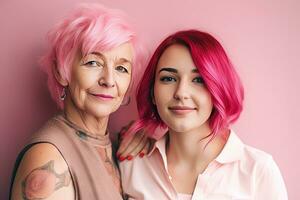 Portrait of young girl and old woman with pink hair and tatoos. Modern beauty. Generative AI. photo