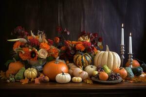 Pumpkins and flowers on a table, harvest season. Generative AI. photo