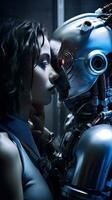 Cyberpunk chraracters kissing, love of future concept. Generative AI. photo