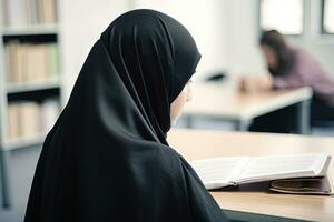 Muslim woman reading a book in a library. Student studying, education concept. Generative AI. photo