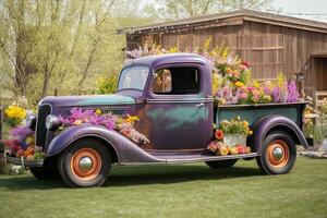 Vintage purple truck with flowers at farm in autumn. Generative AI. photo