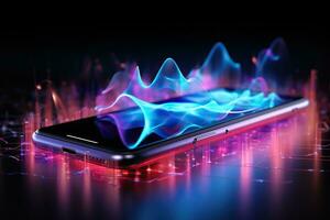 Abstract image of neon sound waves over a smartphone on a dark background. Music and entertainment concept. Generated by artificial intelligence photo