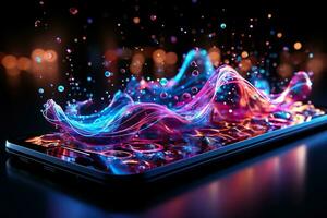 Abstract image of neon sound waves over a smartphone. Music and entertainment concept. Generated by artificial intelligence photo