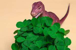 St. Patrick's Day happy dinosaur, a bouquet of clover in a bucket and gold coins on a beige background. Closeup copy space photo