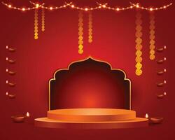 diwali banner with diya and 3d podium for product display vector