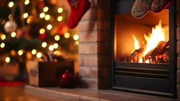 ai generative beautifully decorated christmas home with fireplace photo