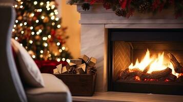 ai generative beautifully decorated christmas home with fireplace photo