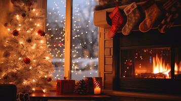 ai generative beautifully decorated christmas home with fireplace photo