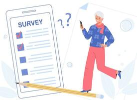 Online Survey.  Gray-haired woman answering questions in internet questionnaire. Concept of online public survey, statistical study or opinion poll. vector