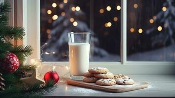 ai generativo Leche y galletas en el Navidad ventana izquierda fuera para Papa Noel foto