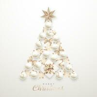 Elegant Christmas tree of 3d realistic white baubles, star and gift box. vector