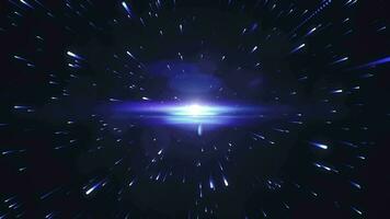 Hyperspace jump into space. Abstract space scene with flying particles, meteoric shower, particle explosion. Neon light stripes, beautiful blue streamers flying in the dark. background. loop video