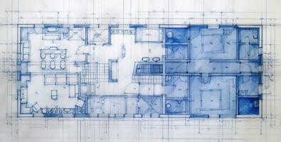 generativo ai, azul impresión piso plan, arquitectónico fondo, técnico dibujar foto