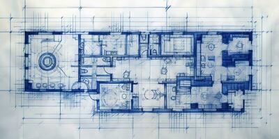 generativo ai, azul impresión piso plan, arquitectónico fondo, técnico dibujar foto