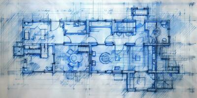 Generative AI, Blue print floor plan, architectural background, technical draw photo