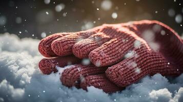 ai generativo mitones, nieve guantes en el nieve en temprano Mañana luz de sol foto