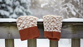 ai generative Mittens, snow gloves in the snow in early morning sunlight photo