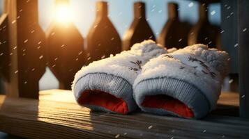 ai generativo mitones, nieve guantes en el nieve en temprano Mañana luz de sol foto