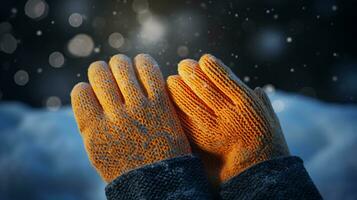 ai generativo mitones, nieve guantes en el nieve en temprano Mañana luz de sol foto