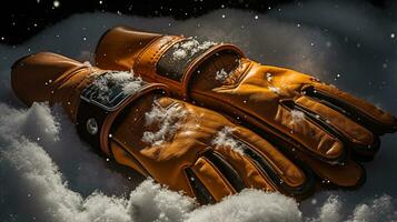 ai generativo mitones, nieve guantes en el nieve en temprano Mañana luz de sol foto