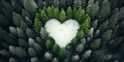 Generative AI, Misty winter fir forest with heart shape, beautiful landscape in hipster vintage retro style, evergreen trees with show photo