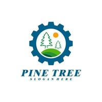 Pine Tree with Gear logo design vector. Creative Pine Tree logo concepts template vector