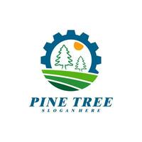 Pine Tree with Gear logo design vector. Creative Pine Tree logo concepts template vector