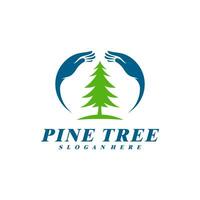 Pine Tree with Care logo design vector. Creative Pine Tree logo concepts template vector