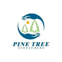 Pine Tree with Care logo design vector. Creative Pine Tree logo concepts template vector