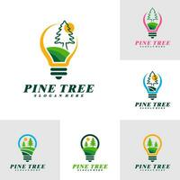 Set of Pine Tree with Bulb logo design vector. Creative Pine Tree logo concepts template vector
