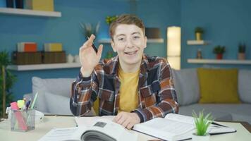 leerling aan het doen huiswerk maakt schattig gebaren voor de camera. video